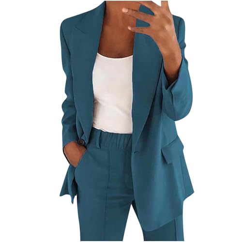 Generisch 2 Teiler Damen Sommer,Elegant Blazer Anzug Set Einfarbig Streetwear Zweiteilig Hosenanzug Business Modern Anzughose Revers Sportlich Büro Outfit Slim Fit Anzugjacke Sommer Freizeitanzug