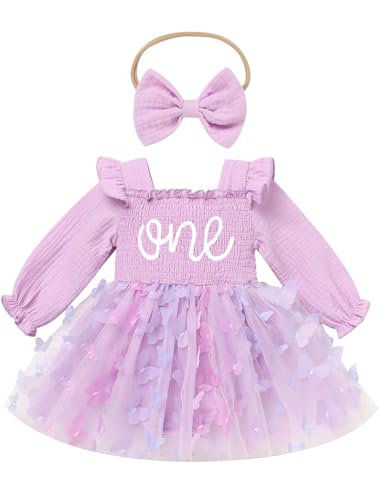 FYMNSI Baby M�dchen 1. Erster Geburtstag Outfit Schmetterling Langarm Weihnachten Partykleid Bodykleid Prinzessin T�ll Kleid Strampler mit Stirnband Herbst Winter Kleidung Fotoshooting Lila 9-12M