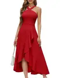 Bbonlinedress Sommerkleid Damen lang Abendkleider elegant für Hochzeit festliches Kleid Neckholder Strandkleid High Low Party Cocktailkleid Red L