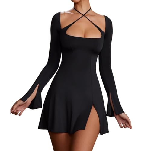 RPAEOY Kleider Damen Quadratischer Ausschnitt Überkreuzter Riemen Langarmkleid Sexy Bodycon Rückenfrei Cocktail Enger Partykleid mit Schlitz Minikleid Elegant Hohe Taille Festlich Party (Schwarz,L)