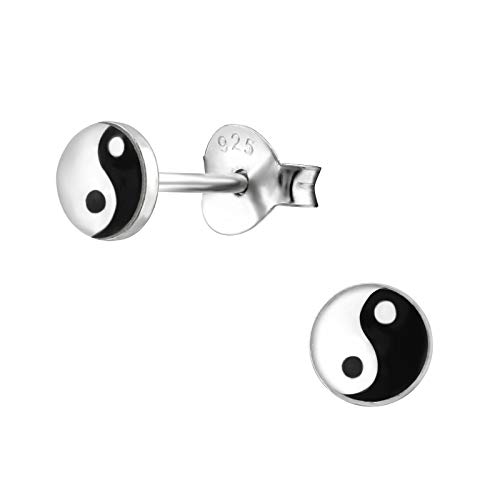 Laimons Damen-Ohrstecker Yin Yang Platte weiß schwarz Sterling Silber 925
