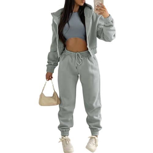Onsoyours 3 Stücke Damen Sportanzüge Jogginganzug Sport Sets Yoga Outfit Freizeitanzug Sportswear Langarm Kapuzenjacke + Crop Top + Jogginghose mit Taschen Grau S
