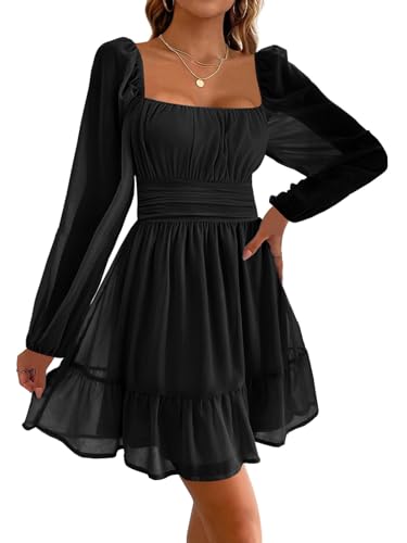 Imily Bela Damen Kleider Square Neck Partykleid Mesh Minikleid High Waist Falten Langarmkleid Hochzeitsgast mit Rüschen(Schwarz, L)