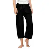 Generisch 3/4 Lange Hosen Mädchen Elegant Baumwolle Leinenhose Leichte Leinen Sommerhose Casual Einfarbig Palazzo Hose Hohe Taille Weite Stoffhose mit Taschen Musselin Strandhose Freizeithose