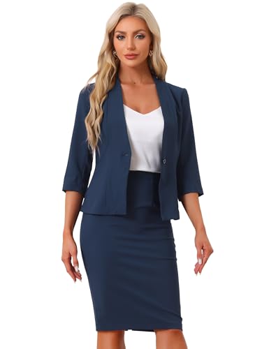 Allegra K Damen Business Rock Anzug Set 2-Teiliges Büro Arbeits Outfit Kragenloser Blazer Bleistiftrock Marine Blau S