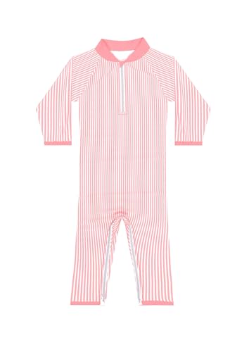 weVSwe Baby Badeanzug UV Schutz Mädchen Hellrosa Gestreift Baby Sonnenschutz UPF 50+ Langarm Einteiler Kleinkind Badebekleidung 12-18 Monate