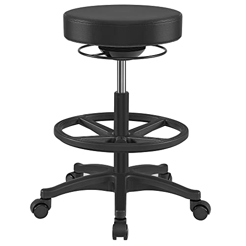 SONGMICS Arbeitshocker, hoher Sitz, ergonomischer Dynastischer Hocker, Stehstuhl, drehbar und verstellbar, 59,5 – 81 cm, mit Verstellbarer runder Fußstütze, Schwarz OSC007B01