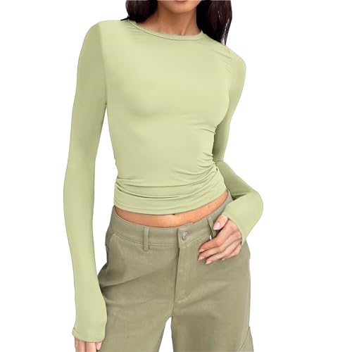 Damen Slim Fit Langarm Crop Tops Fitted Basic Solid Casual Rundhals Langarm Skinny Eng Bodycon T-Shirt Mode Y2K Kleidung Streetwear, grün, XL
