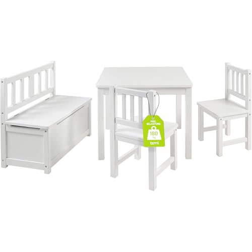 Bomi Kindersitzgruppe Anna mit integrierter Spielzeugkiste | Kinderzimmer-Set inkl. Kindertisch mit 2 Stühlen & Kindertruhenbank | Kindermöbel aus FSC nachhaltigem Kiefern Massiv Holz | Weiß