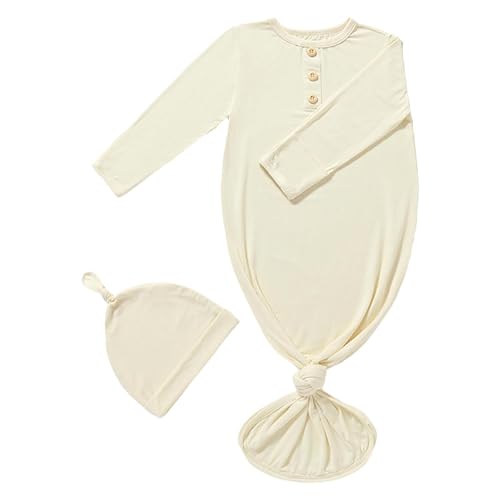 Baby Junge Mädchen Nachthemd Sleeper Neugeborenen Geknotet Nachthemd Und Hut Set Infant Nachtwäsche Boules (White, 0-3 Months)