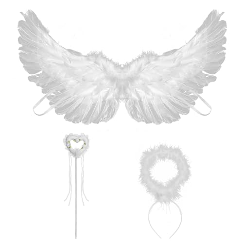 Cokshy Engelsflügel Weiß, 60 cm Federflügel Engel Weiß, Flügel mit Heiligenschein und Zauberstab, Engelsflügel mit Heiligenschein für Halloween Karneval Cosplay Party Fasching Verkleidung