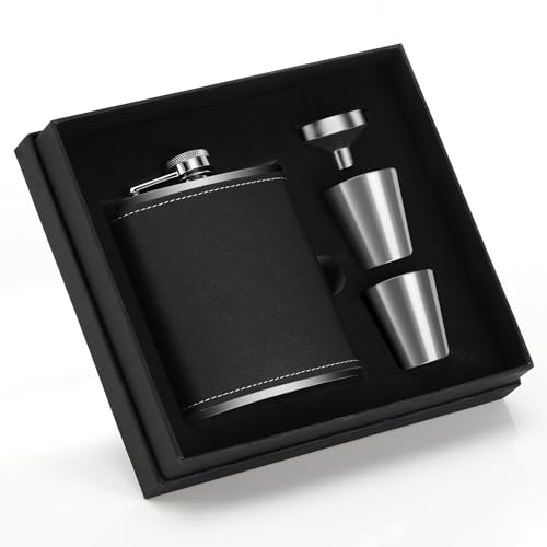 Kasanni Edelstahl Flachmann 8oz/230 Ml Tragbar Mini Mit Zwei Kleinen Weingläsern Und Trichter - Schwarzes Leder Klein Stilvoll Zum Wandern