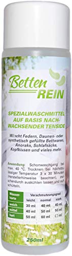 Daunenwaschmittel: Bettenrein, das sanfte Waschmittel Daunen für Daunenkissen, Daunendecken, Daunenjacken, Anoraks, Schlafsäcke und mehr | 250 ml
