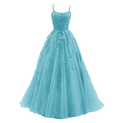 Generisch 2025 - Damen-Kleid mit Spaghettiträgern, langes Partykleid mit Tüll Spitzenapplikationen Abend Ballkleider (BU2, S)