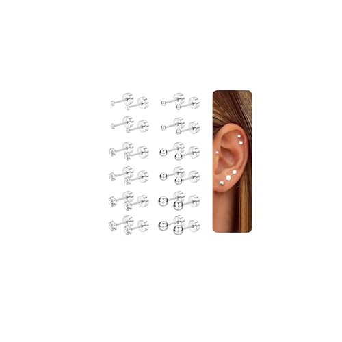 CASSIECA 12 Paar Ohrstecker für Damen Herren Edelstahl klein Ohrstecker Piercing Kleine CZ Runde Kugelschraube Flat Back Knorpel Ohrringe Set 2-4MM
