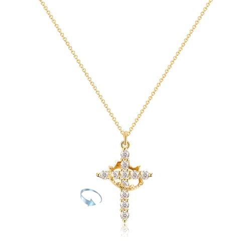 Slipasikao Gepflasterte Halskette mit gedrehter Krone, 18 Karat vergoldete Silberkette mit Kreuzanhänger, drehbare Moissanit-Kreuzkette für Frauen und Männer (Gold,Rotatable)