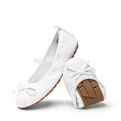 DREAM PAIRS Mädchen Ballerinas Weiße Kommunionsschuhe Festliche Prinzessinnen Flache Schuhe Mary Jane Schuhe Mit Schleife Leichtes Anziehen Faltbar Waschbar,Size 32,Weiss,KKUMFA2502