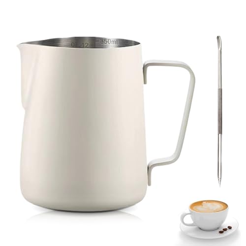 Milchkännchen Edelstahl,Tianher 350 ml Aufschäumer Kännchen Milchkanne aus Edelstahl Milch Pitcher Aufschäumen Krug mit Barista Stift Messung Mark für Cappuccino und Latté (Beige)