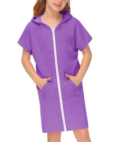 BesserBay Mädchen Schwimmen Strand Badeponcho Unisex mit Kapuze Taschen Reißverschluss Surf Poncho Lila 140