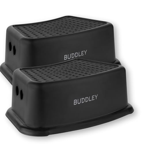BUDDLEY Trittstufe Schwarz Set (2X) - Trittstufe Kinder - Hocker Badezimmer - Küchenstufe Trittstufe - Kinderstufen - Badezimmerhocker - Trittstufe