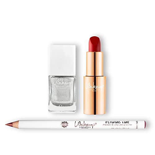 Wakeup Cosmetics - Lip + Nail Kit - Cremiger Lippenstift Everyday Hero (Perfect Ruby), Präzise fließende Linie Lippenstift (Chic Red), Silberner Nagellack