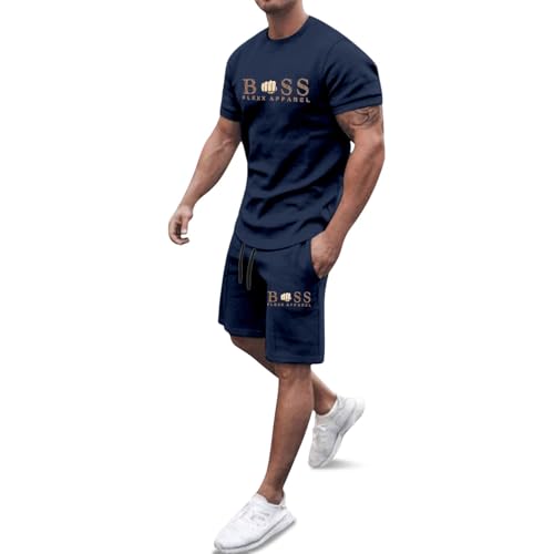 Trainingsanzug Herren 2 Teiler Jogginganzug Bequeme Sommer Outfit Oversized Sport Kleidung Zweiteiler Männer Fitnessanzug Kurzarm T-Shirt + Kurze Hose Schlafanzug Loungewear
