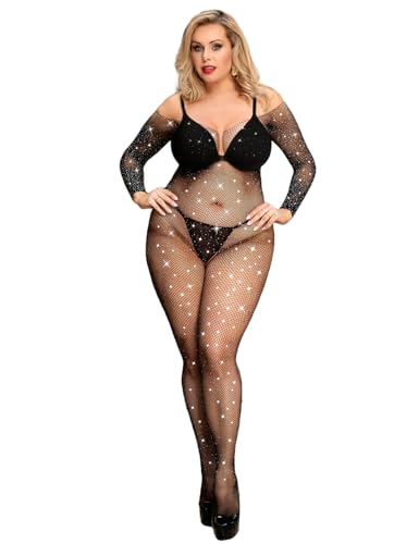comeondear Sexy Bodystocking Ouvert Übergröße mit Strass Erotische Dessous Damen Sexy Reizwäsche Unten Offen Große Größen Catsuit Unterwäsche Netz-bodystocking Nylon Negligee(Schwarz,3XL-5XL)