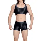 Bauzuoyo Öl Glanz Herren Sexy Crop Tank Top mit Boxershorts Zweiteiler Sissy Dessous Glossy Transparent Erotische Reizwäsche Ärmellos Sexy Eng Stretch Öl Glänzend Set Clubwear Hausanzug