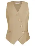Belle Poque Damen Weste Ärmellos V-Ausschnitt Formal Business Anzug Weste mit Taschen Khaki S