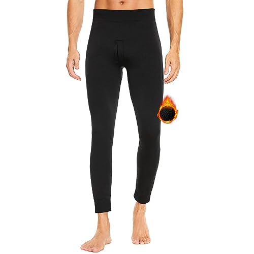 SIMIYA Lange Unterhosen Herren Winter - Lange Unterhose Männer mit Eingriff und Thermo Weichem Innenfleece Leggings Bottoming Stretchbund Winddicht Thermounterhose(Schwarz,L-XL)