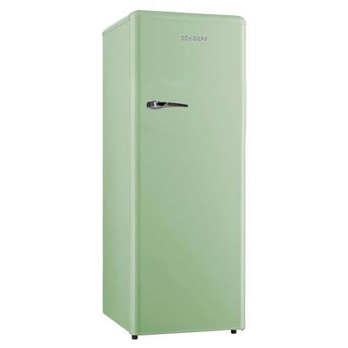 SCHOEPF – RKS245SG Vollraum-Kühlschrank 145,6 cm – Retro Design – 238 L – LED-Beleuchtung – Höhenverst. Füße – 40 dB – Grün – Freistehend – Vintage Look - Getränkekühlschrank, Standardkühlschrank
