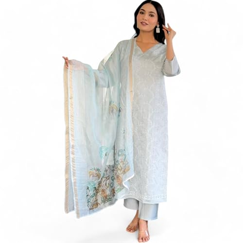 RangMahal Indische Damen Elegante Römische Seide Anzughose mit Dupatta-Set, Blau, X-Large