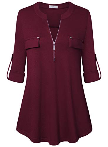 Siddhe Damen Einfarbig V-Ausschnitt Bluse Reißverschluss T-Shirt Oberteile Elegant 3/4 Ärmel Casual Longshirt, Wein XXXL
