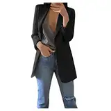 blazer damen pink, Blazer Damen Elegant Langarm Einfarbig Mantel Jacke Revers Geschäft Büro Anzugjacke Lang mit Tasche Sakko Anzug Business Longblazer Frühling Sommer Trenchcoat