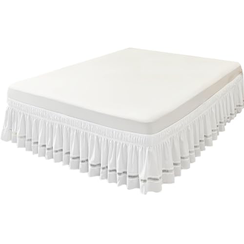 Lamppdcor Bettrock Queenenbett Rock 54x75 Zoll Bettrock Queengröße, gekräuselter Bettrock mit Spitze, weißer Polyester -Bettrock mit Gummiband, Staub Rüsche für Zuhause, Hotel
