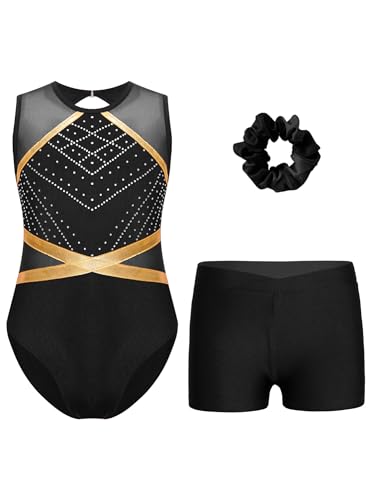 iEFiEL Mädchen Turnanzug Glitzer Strass Gymnastikanzug Tanzbekleidung Set mit Haarband Glänzende Leotard und Shorts Gymnastik Outfits Schwarz 146-152