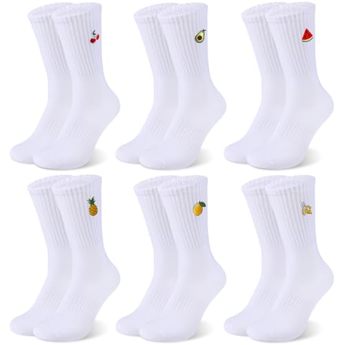 taonganui 6 Paar Weiß Tennissocken Socken Damen & Herren Crew Socks mit Motiv, EU 39-42 Sportsocken mit Fruchtmuster, Unisex Sport-Socken Atmungsaktive Tennis Socken Arbeitssocken