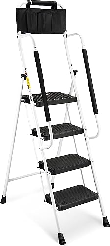 HBTower Trittleiter 4 Stufen Klappbar mit Handlauf, Leiter mit Werkzeugtasche, Gummigriffen an beiden Seiten, Rutschfestem Design, Aus hochwertigem Legierungsstahl, Tragfähigkeit bis 150kg
