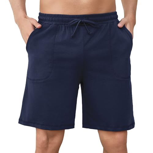 Aseniza Herren Schlafanzughose Kurz Baumwolle Pyjamahose Loungehose Schlafshorts Bermudahose Sommer Loungewear für Männer Blau, XL