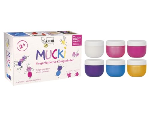 KREUL 23051 - Mucki Fingerfarbe für Königskinder, 6 x 50 ml in Weiß, Feenstaub-Rosa, Pink, Violett, Blau, Goldschatz, parabenfrei, glutenfrei, laktosefrei, vegan, auswaschbar