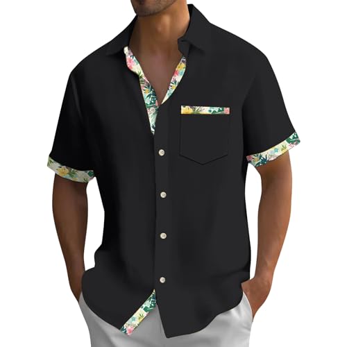 Rosennie Hemd Herren Langarm Unterziehshirt Herren Funktionsshirt Herren Langarm Revers Tropisch Vintage Blumen Patchwork Cuba Hemd Mit Brusttasche Kurzarm Longshirt (Schwarz, 4XL)