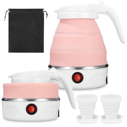 Ixydor Wasserkocher Faltbar,600ml Faltbarer Silikon-Camping-Wasserkessel Mini Tragbarer Reisewasserkocher mit 2 Faltbecher, Edelstahlboden Wasserkessel Für Küche, Reise,Camping,Outdoor