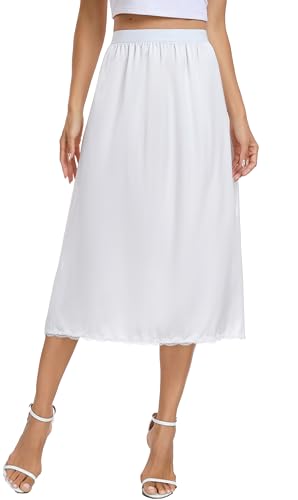Vlazom Damen Satin Unterrock Lang Rock Petticoat mit Spitze Elastische Taille Halbe Slips für Unterkleider（S，Weiß）