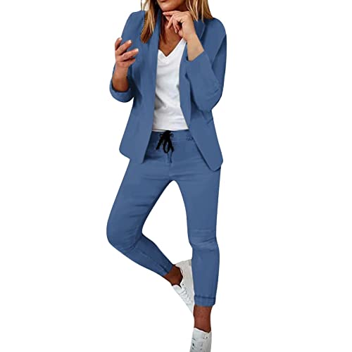 EMATOP Elegant Hosenanzug Damen Langarm Business Anzug Set Casual Zweiteiler Einfarbig Blazer Hose Outfit Lange Baumwolle Hosenanzüge 2 Teilig Sportlich Freizeitanzug Slim fit Tracksuit Frauen