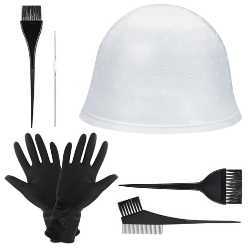 Halinuia 7 Stück Vorgebohrte Strähnchenhaube Haarfärbeset Strähnenhaube Silikon mit Löchern Färben Hervorhebung Haare Färben Zubehör mit Haarhaken Färbebürste Handschuhe für Frauen Mädchen