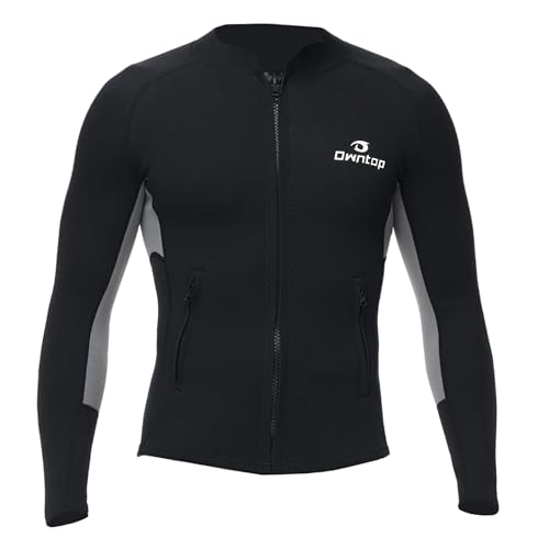 Owntop Herren Neoprenanzug-Oberteil-Jacke - 2mm Neopren Langarm für Wärme Komfort | Langlebiger YKK Frontreißverschluss | Verlängerte Rückenklappe | 2 Reißverschlusstaschen, Herren Grau L
