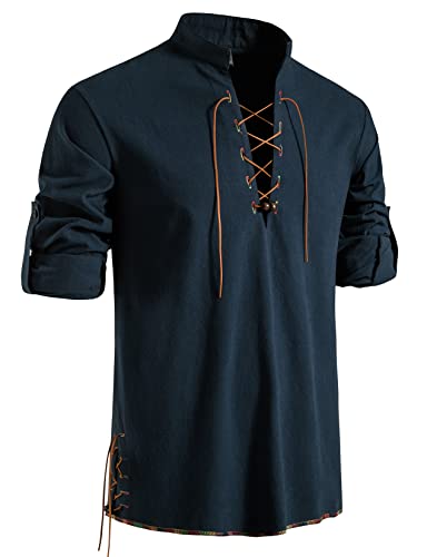 LucMatton Herren Retro Schnürung Mittelalter Kostüm Hemden für Halloween Cosplay Wikinger Pirat Steampunk Vampir Renaissance Gothic Viktorianische Kleidung Marine Klein