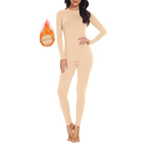 SIMIYA Damen Thermounterwäsche Set, warme Unterwäsche mit Innenfleece, Ultraleicht Unterteil und Oberteil lang Funktionsunterwäsche U Ausschnitt Skiunterwäsche für Winter,Beige,M