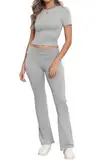 IWOLLENCE Lounge Set Damen Zweiteiler Hausanzug Kurzarm Oberteil mit Breitem Elastischem Hosenbund Schlaghose Loungewear Set (Hell Grau, M)