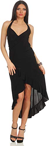 Jela London Damen Latin Salsa Maxi Kleid Vokuhila Tanz Rock Wickel Optik, Schwarz